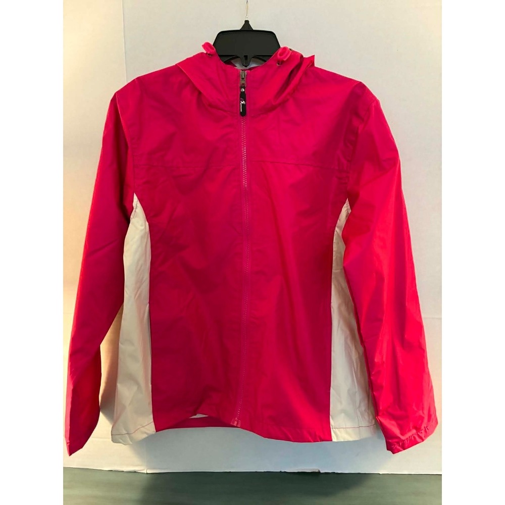 i5 Apparel Womens Small Pink White Hooded Windbreaker Jacket Water Resistant